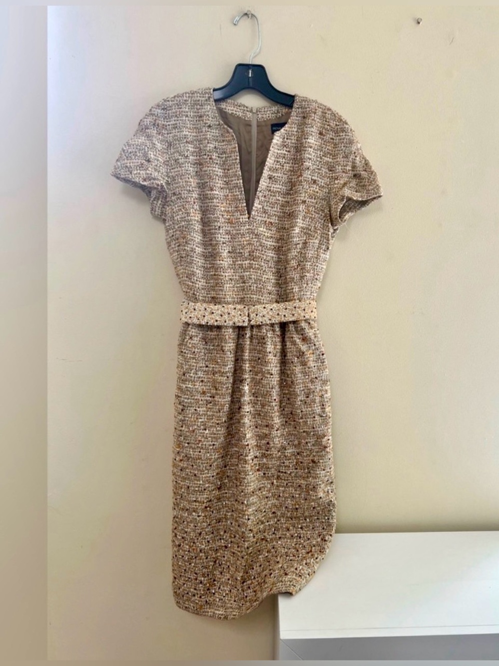 Vintage Rena Lange Tan Sheath Dress Asymmetrical Front Plunge neckline.